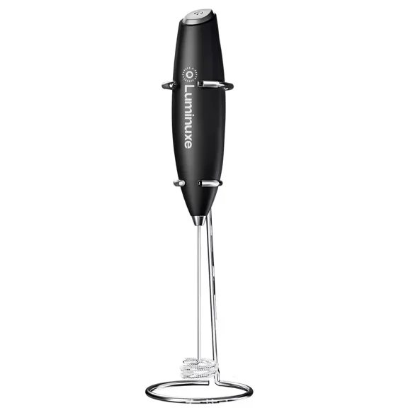 Luminuxe Milk Frother with Stand, Powerful Handheld Cordless Stainless Steel Frother, Foam Maker for Coffee, Cappuccino, Latte and Matcha Drinks