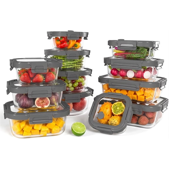 Lumioca 12-Pack Glass Food Storage Containers Set with Airtight Vented Glass Lids, Borosilicate Glass Meal Prep Containers, Leakproof, Microwave, Oven & Dishwasher Safe, Grey