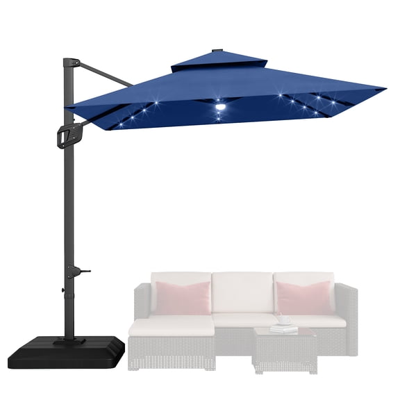 Lumiparty 10' x 10' Heavy-Duty Cantilever Patio Umbrella, Square Aluminum Offset Umbrella with LED Lights & Weighted Base for Backyard, Deck & Pool, Navy Blue