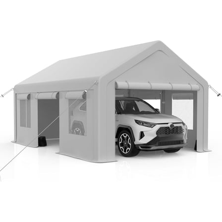 Lumiparty 10' x 20' Heavy Duty Outdoor Carport, Portable Car Tent Garage with 4 Roll-up Windows & 4 Doors, for Pickup Truck, Tractor,Boat,Motor, White