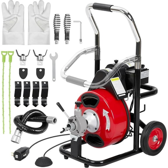 Lumiparty 100ft x 3/8" Electric Drain Cleaner, Auto Feed Drain Auger for 1–4" Pipes, Sewer Snake with Foot Switch & 4 Cutter Blades