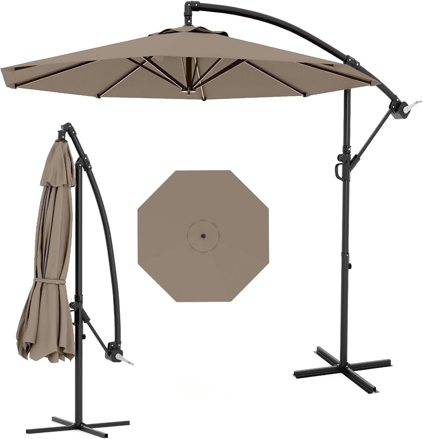 Memoryfield 10FT Outdoor Patio Hanging Offset Cantilever Umbrella, Cantilever Market Umbrella with Cross Base, Tan Color
