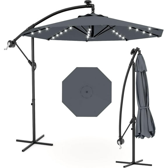 Lumiparty 10FT Outdoor Patio Hanging Offset Cantilever Umbrella with Solar LED Lights, Cantilever Market Umbrella with Cross Base, Gray