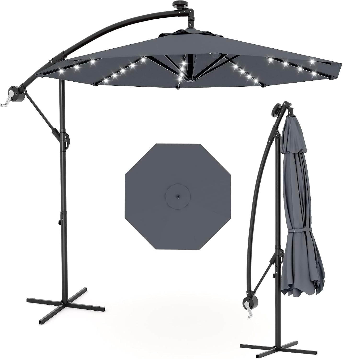 Memoryfield 10FT Outdoor Patio Hanging Offset Cantilever Umbrella with Solar LED Lights, Cantilever Market Umbrella with Cross Base, Gray