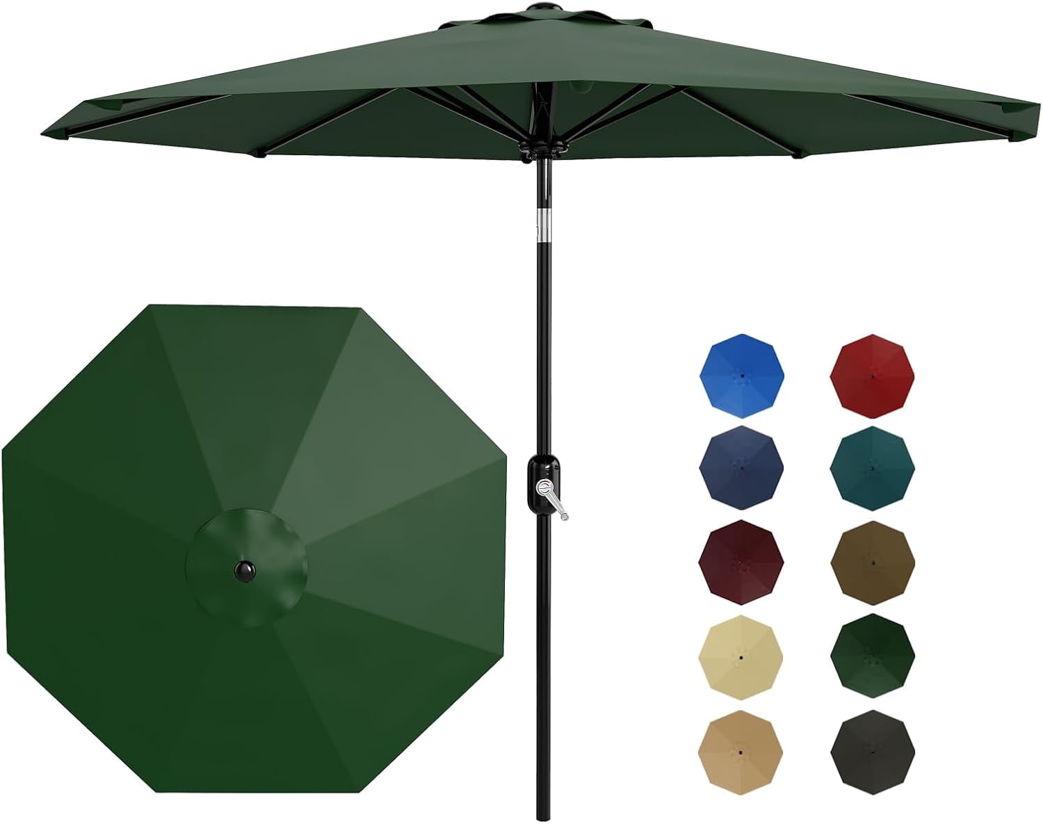 Memoryfield 10FT Outdoor Patio Umbrella with Push Button Tilt and Crank Handle, Market Umbrella with 8 Sturdy Umbrella Ribs, UV Protection, Waterproof, Dark Green