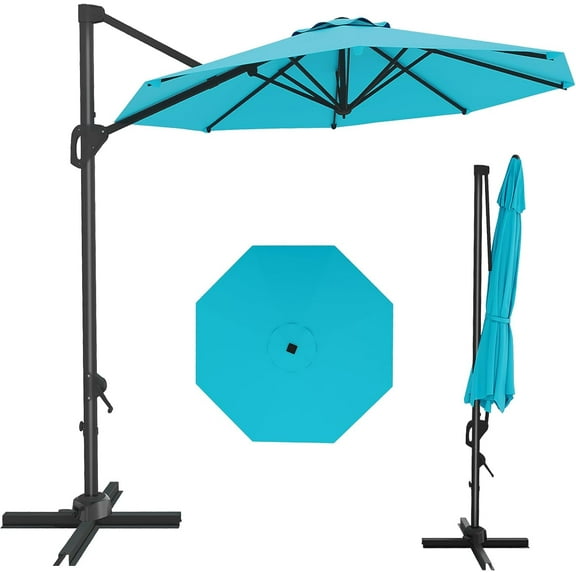 Lumiparty 10Ft Patio Cantilever Umbrella, Outdoor Offset Market Umbrella, 360 Degree Rotation, Infinite Tilt & Crank, Cross Base for Backyard Garden Pool Deck Porch, Turquoise Blue