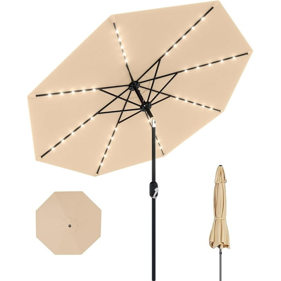 Lumiparty 10ft Solar Patio Umbrella with 32 LED Lights, Easy Tilt and Crank 8 Ribs Market Umbrella for Outdoor, Tan Color