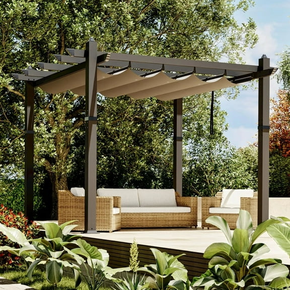 Lumiparty 10x10 FT Outdoor Pergola with Retractable Canopy, Modern Patio Aluminum Frame Shelter for Backyard, Deck, Garden, Khaki