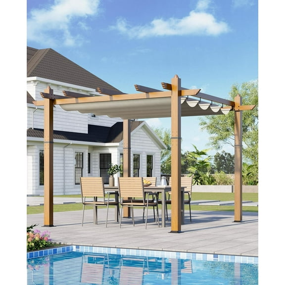 Lumiparty 10x10 FT Outdoor Pergola with Retractable Canopy, Weather-Resistant Aluminum Frame, Modern Patio Shelter for Backyard, Deck, Garden, Beige