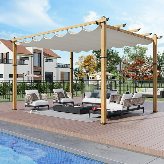 Lumiparty 10x13 FT Outdoor Pergola with Retractable Canopy, Weather-Resistant Aluminum Frame, Modern Patio Shelter for Backyard, Deck, Garden, Beige