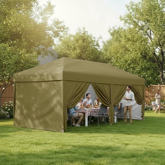Memoryfield 10x20 ft Pop-Up Canopy Tent with 6 Removable Sidewalls, Commercial Instant Shelter, Includes 4 Weight Bags, 8 Stakes & 6 Guy Ropes for Outdoor Events, Khaki