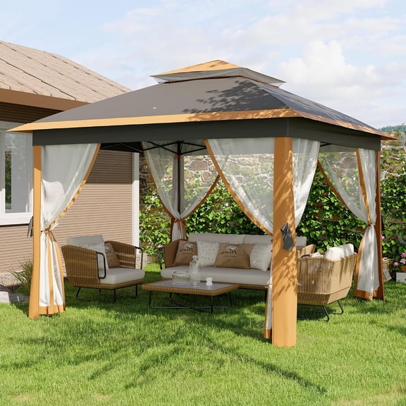 Lumiparty 11x11 ft Instant Gazebo, Pop-Up Outdoor Canopy Tent with Mosquito Netting, Steel Frame, Water & UV Resistant, Portable Party Shelter for Patio, Garden, Khaki