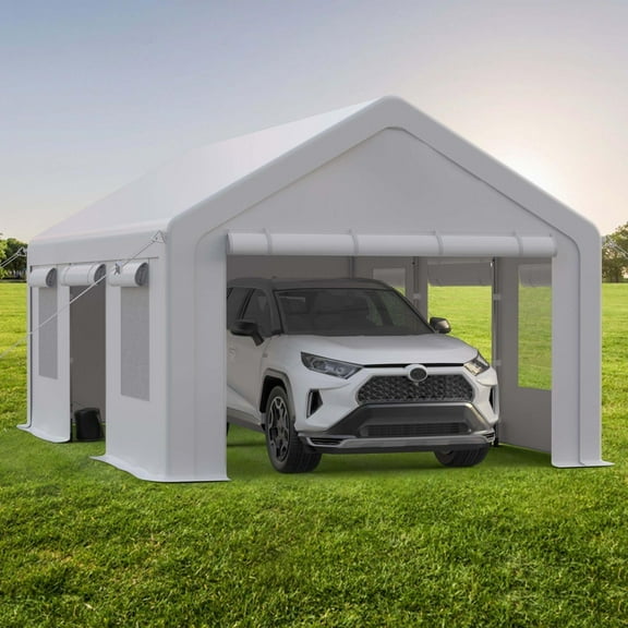 Lumiparty 12' x 20' Heavy Duty Outdoor Carport, Portable Car Tent Garage with 4 Roll-up Windows & 4 Doors, for Pickup Truck, Tractor,Boat,Motor, White