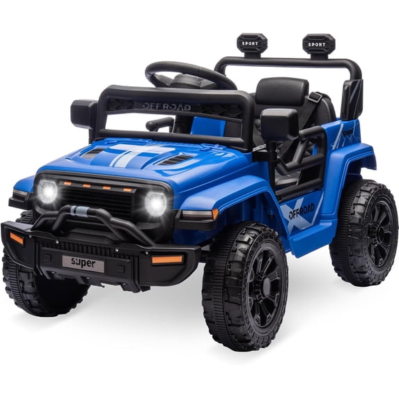 Lumiparty 12V Ride On Toy, Kids Ride On Truck Car with Remote Control, Steering Wheel Music, Kid Electric Vehicles with Led Lights, 2 Speeds, for Age 3-5, Blue