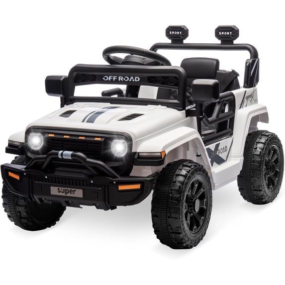Lumiparty 12V Ride On Toy, Kids Ride On Truck Car with Remote Control, Steering Wheel Music, Kid Electric Vehicles with Led Lights, 2 Speeds, for Age 3-5, White