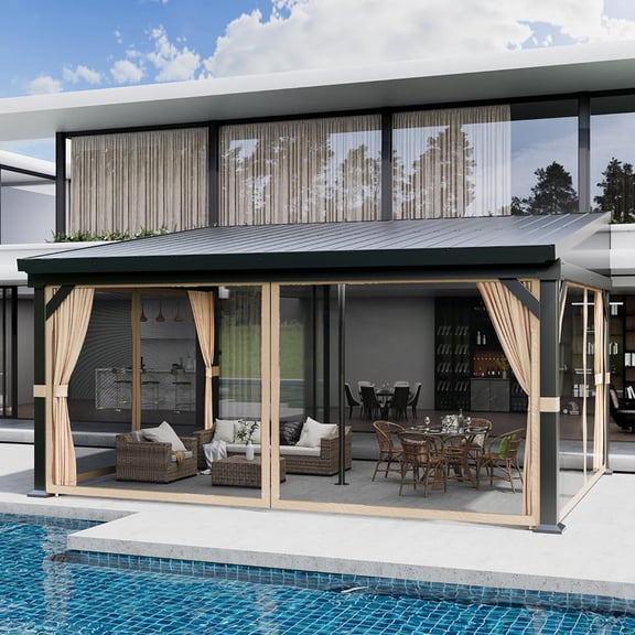 Lumiparty 12x16 ft Wall-Mounted Hardtop Gazebo, Lean-To Pergola with Galvanized Steel Roof, with Mosquito Netting & Privacy Curtains for Backyard, Deck or Carport, Khaki