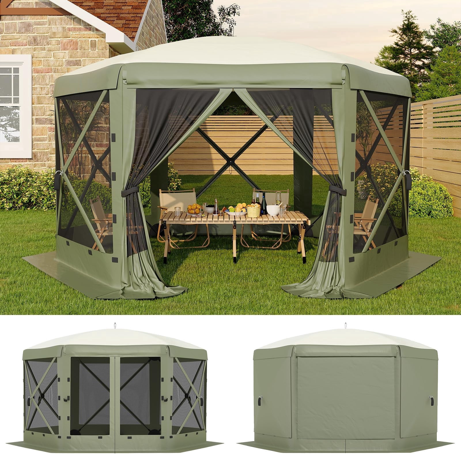 Memoryfield 13 ft Portable Gazebo with Mosquito Netting, 6-Sided Outdoor Pop-Up Canopy Tent with Removable Wind Panels, for Camping, Backyard Parties, Patio & Deck, Army Green