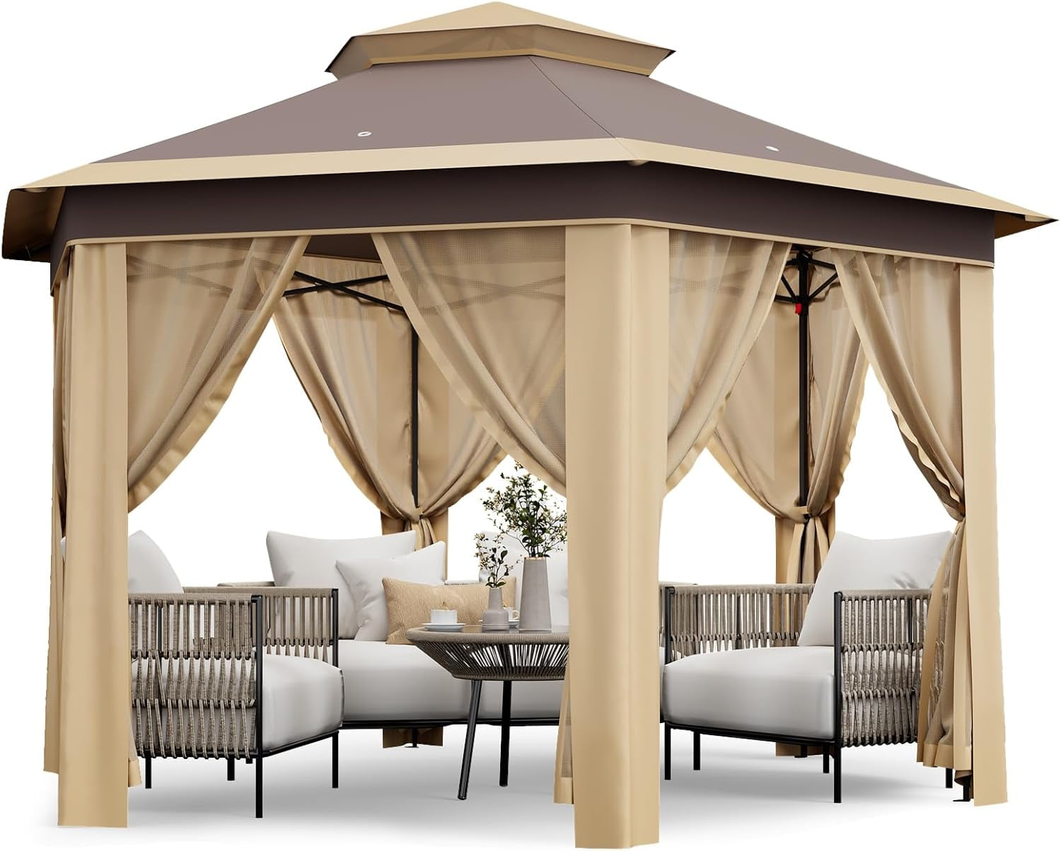 Lumiparty 13x13 ft Outdoor Pop Up Gazebo with Mosquito Netting, Adjustable Height Gazebo Shelter with Carry Bag for Backyard, Garden, Patio, Khaki