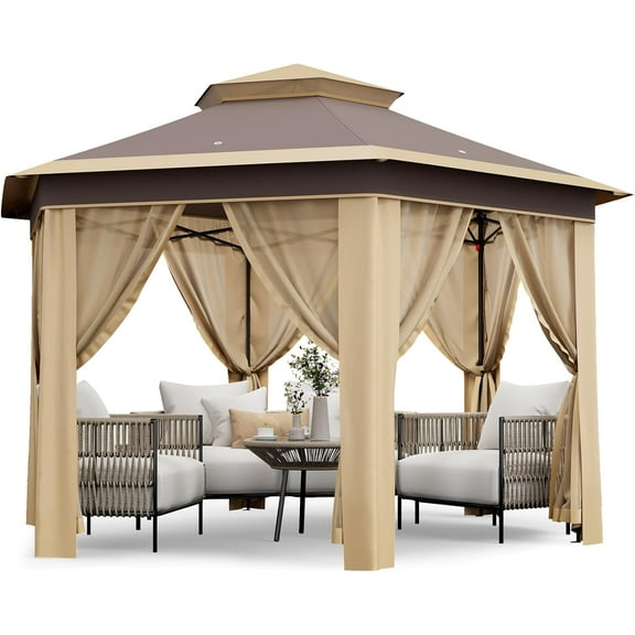 Lumiparty 13x13 ft Outdoor Pop Up Gazebo with Mosquito Netting, Adjustable Height Gazebo Shelter with Carry Bag for Backyard, Garden, Patio, Khaki