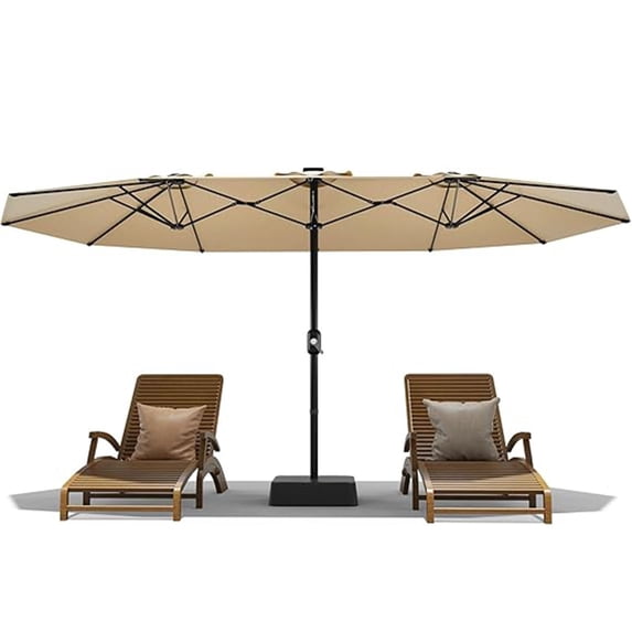 Lumiparty 15FT Large Patio Umbrella with Base Included, Double-Sided Rectangle Market Umbrella with Cross Base and Sandbag for Pool Lawn Garden, Beige