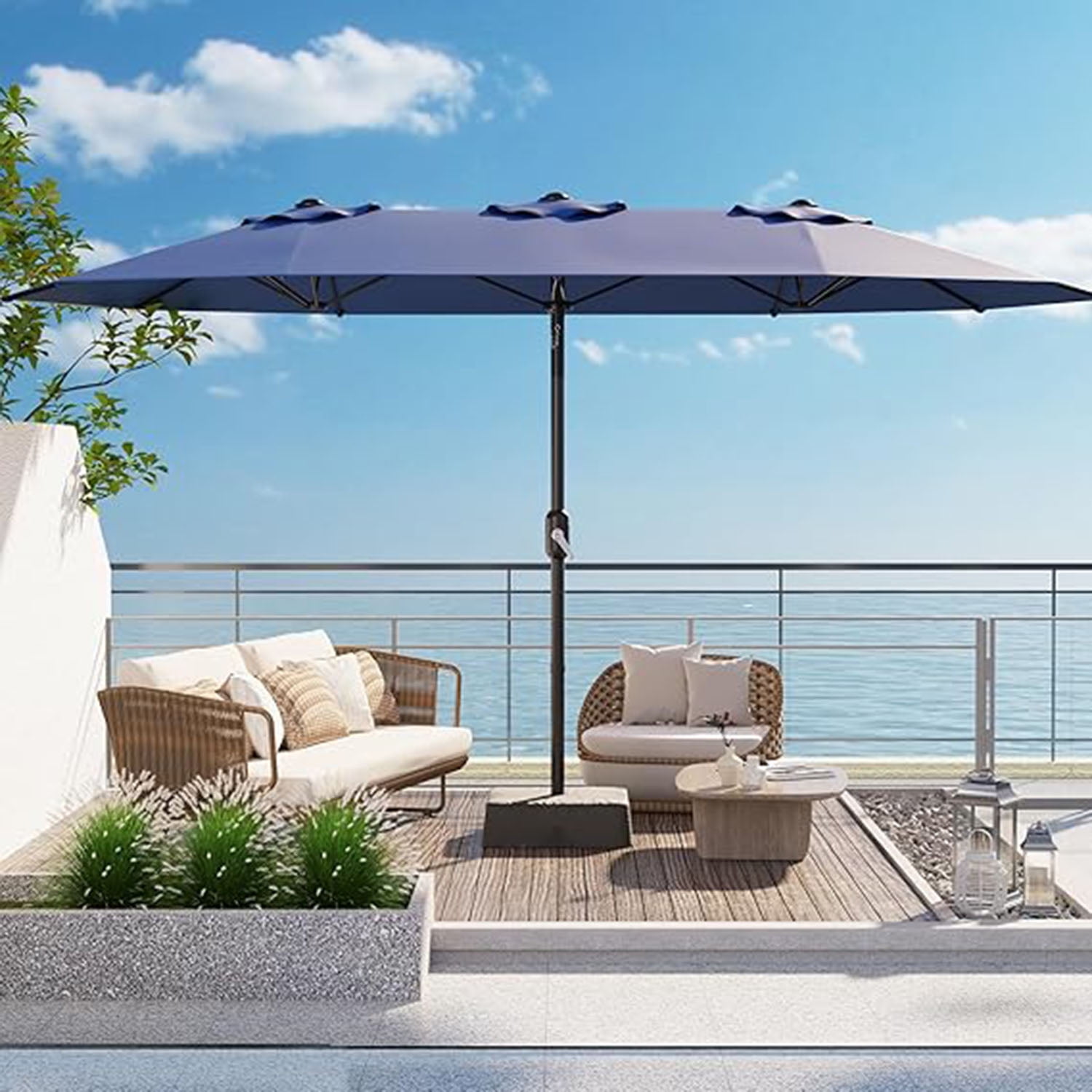 Lumiparty 15FT Large Patio Umbrella with Base Included, Double-Sided Rectangle Market Umbrella with Cross Base and Sandbag for Pool Lawn Garden, Navy Blue