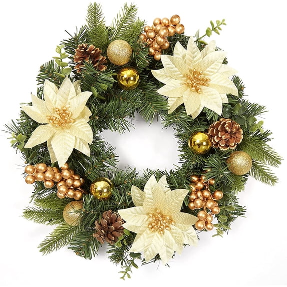 Lumiparty 16" Christmas Wreath for Front Door, Xmas Door Wreath with Balls, Artificial Flowers, Berries & Pine Cones for Fireplace Wall Window Holiday Decoration, Gold