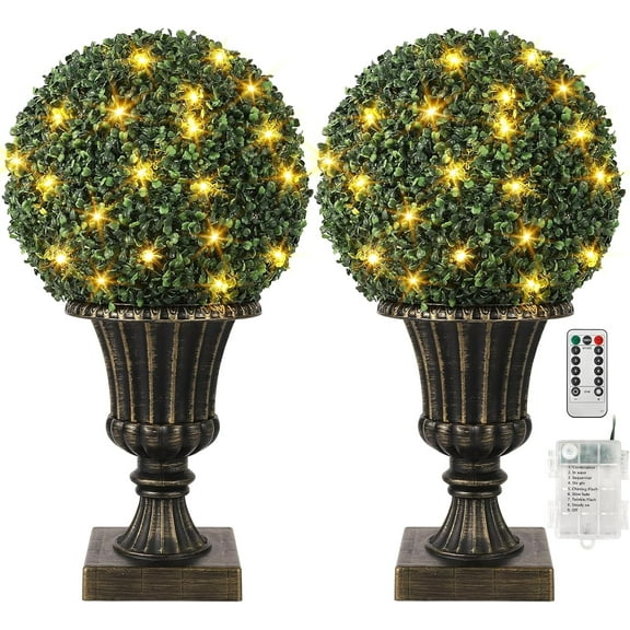 Lumiparty 16" Pre-Lit Artificial Boxwood Balls (2-Pack), UV Resistant Outdoor Topiary Trees with Sturdy Pot Base for Porch & Garden Decor, Gold