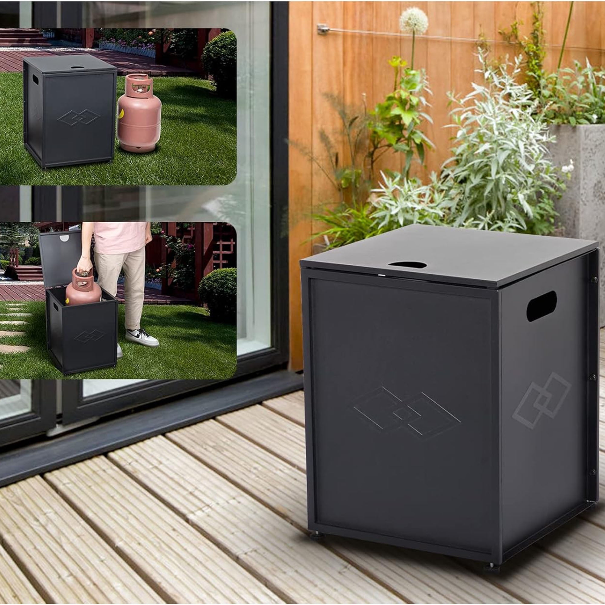 Lumiparty 16 in Propane Metal Tank Cover Table for Gas Fire Pits, Hides Any Standard 20 LB Propane Tanks, Hideaway Table with Side Handles, Black