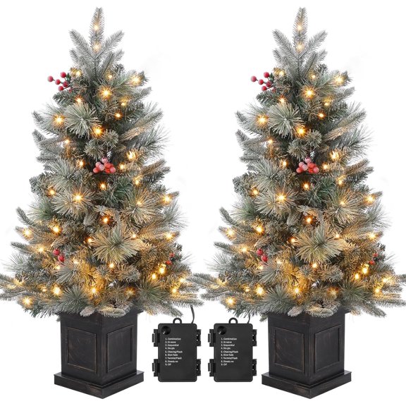 Lumiparty 2 PCS 3FT Pre-Lit Artificial Snow Flocked Christmas Tree with 78 LED White Lights, 8 Lighting Modes, Red Berries, for Holiday Decor Home, Porch, Office, Brown Base
