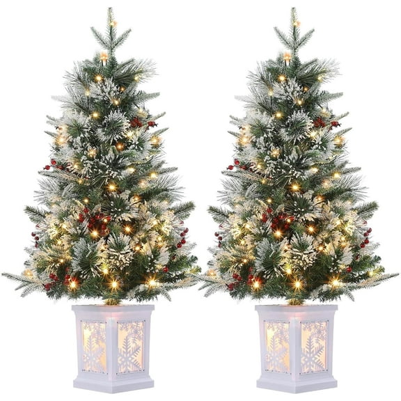 Lumiparty 2 PCS 3ft Artificial Christmas Tree with 78 Warm White LED Lights, Pre-Lit Fiber Optic with Snowflakes and Red Berries, Perfect for Home, Porch, Office, Snowflake Base