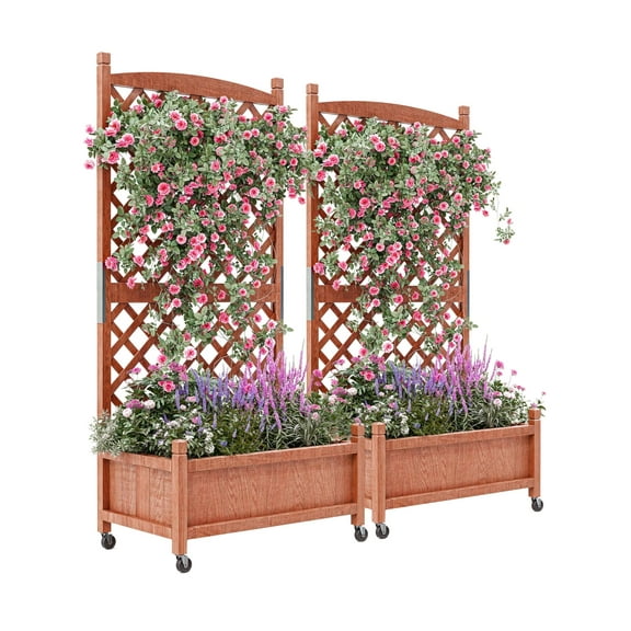 Lumiparty 2-Pack Wood Raised Garden Beds with Trellis and Wheels, Outdoor Planter Boxes with Drainage Holes, for Climbing Plants, Flowers, Patio, Yard & Garden