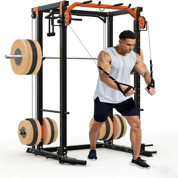 Lumiparty 2000 Lb Power Cage & Cable Crossover Rack, LAT Pull-Down / Low-Row Pulley System, Full-Body Strength Trainer for Home Gym, Black & Orange