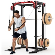 Lumiparty 2000 lb Power Cage & Cable Crossover Rack, LAT Pull-Down / Low-Row Pulley System, Full-Body Strength Trainer for Home Gym, Black & Red