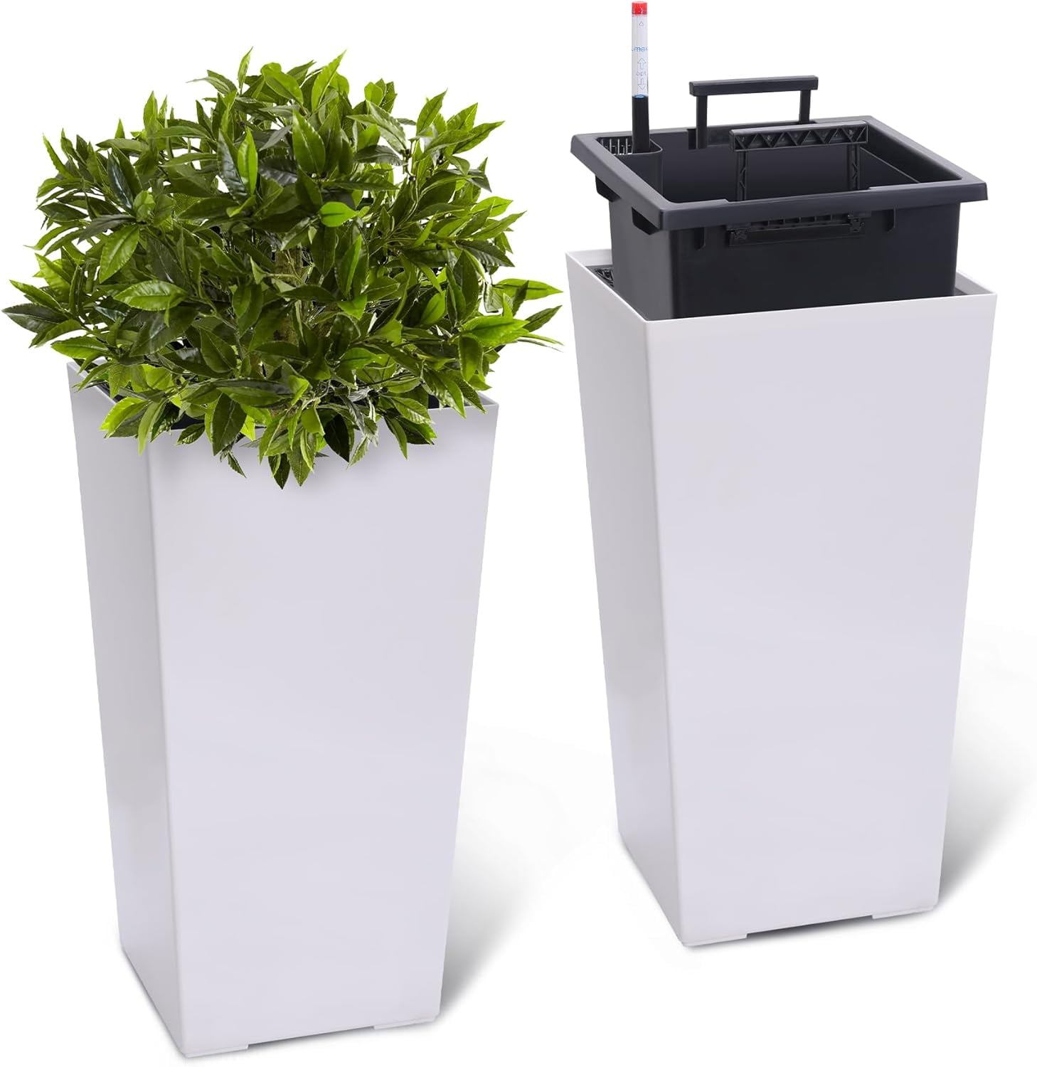 Lumiparty 22.5" Tall Planters Set of 2, High Front Porch Planter Pots with Drainage Holes＆Water Level Monitor＆Inner Bucket, Automatic Watering, Outdoor＆Indoor Planter Pots, White