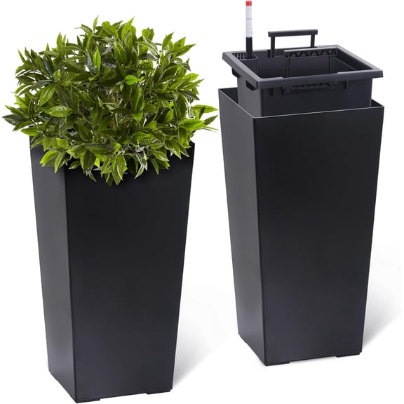 Lumiparty 22.5" Tall Planters Set of 2, High Front Porch Planter Pots with Drainage Holes＆Water Level Monitor＆Inner Bucket, Automatic Watering, Outdoor＆Indoor Planter Pots, Black