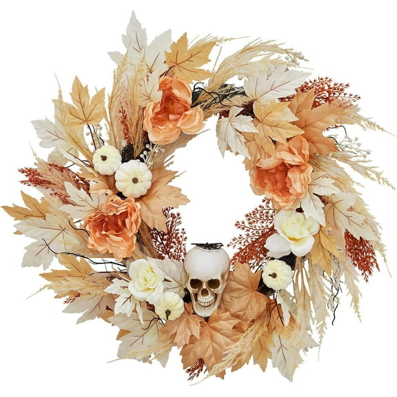 Lumiparty 24" Halloween Wreaths for Front Door, Prelit Fall Pumpkin Maple Leaves Wreath with Lights for Indoor Wall Window Autumn Thanksgiving Decoration