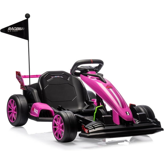 Lumiparty 24V Electric Drift Go Kart for Kids, Ride Car with Adjustable Seat & 7.5MPH Speed, EVA Silent Wheels, Parent-Safety Certified Ride-On Toy, Pink