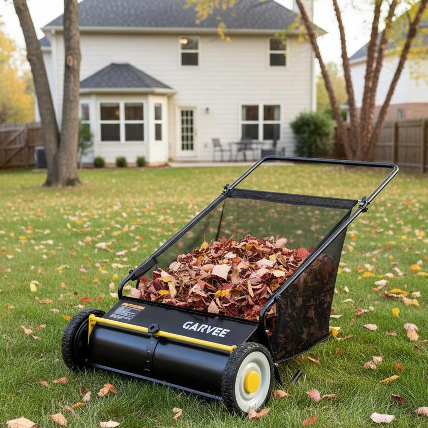 Memoryfield 26" Push Lawn Sweeper with 4 Spinning Brushes, 7 Cu.ft Large Capacity Collector, Adjustable Height Yard Leaf Sweeper for Lawn, Garden & Patio Cleanup, Black & Yellow