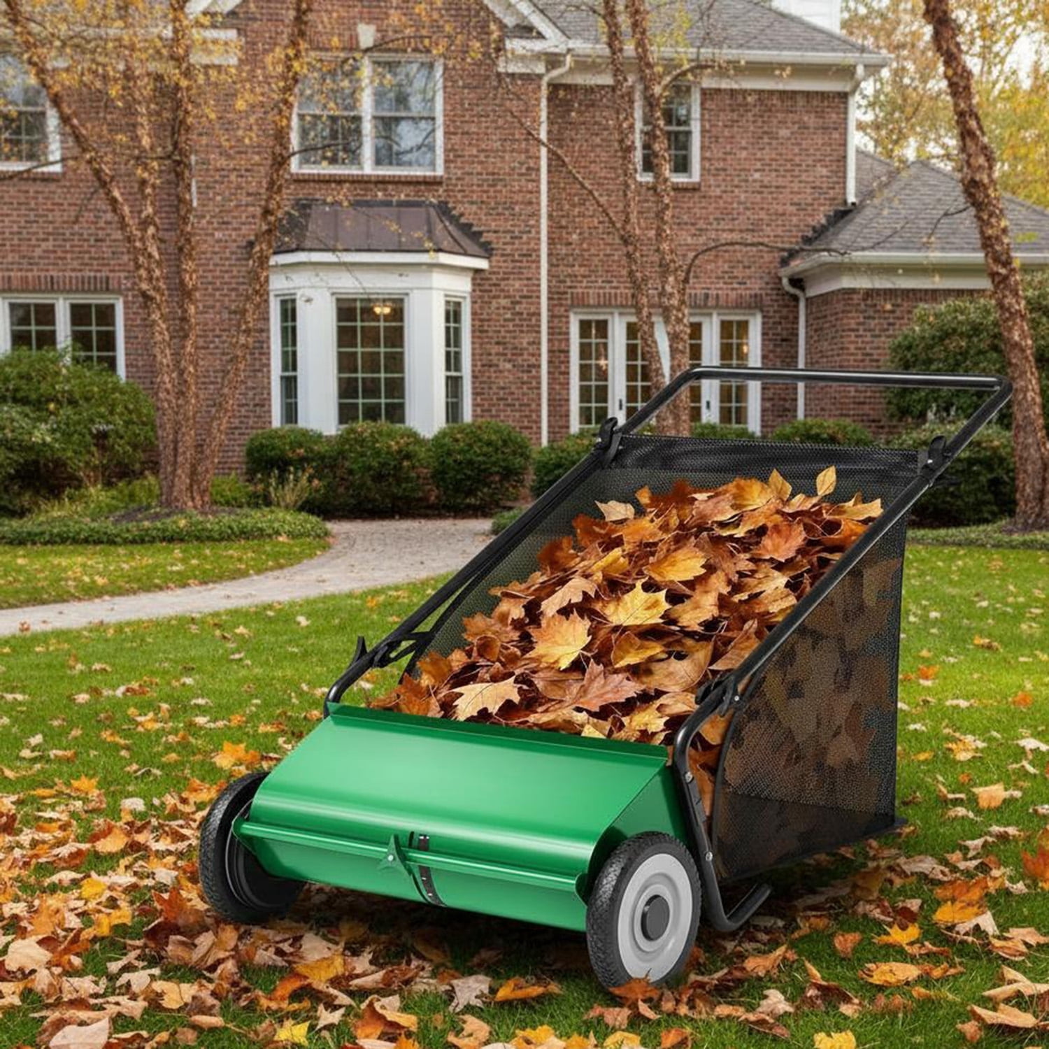 Memoryfield 26" Push Lawn Sweeper with 4 Spinning Brushes, 7 Cu.ft Large Capacity Collector, Adjustable Height Yard Leaf Sweeper for Lawn, Garden & Patio Cleanup, Green