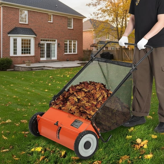 Lumiparty 26" Push Lawn Sweeper with 4 Spinning Brushes, 7 Cu.ft Large Capacity Collector, Adjustable Height Yard Leaf Sweeper for Lawn, Garden & Patio Cleanup, Orange