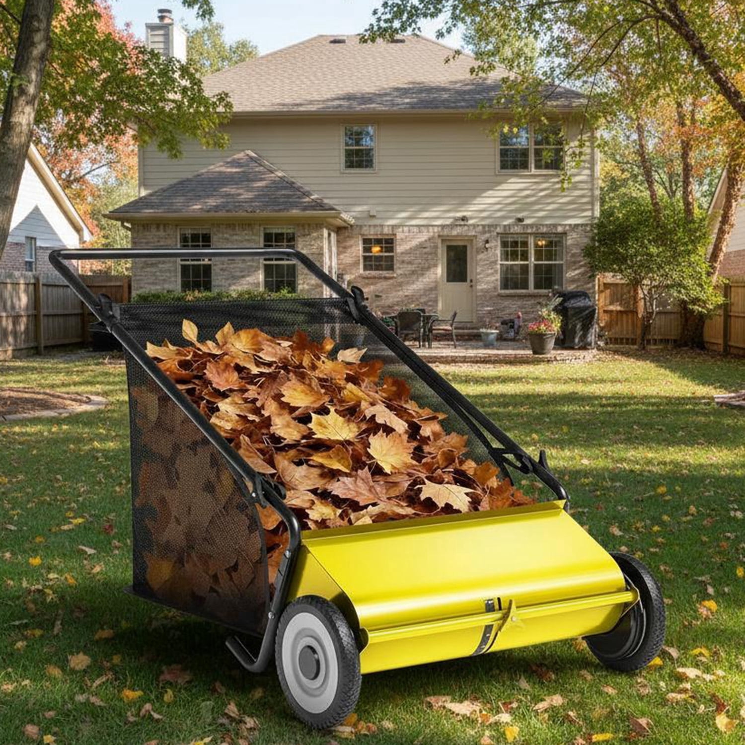 Memoryfield 26" Push Lawn Sweeper with 4 Spinning Brushes, 7 Cu.ft Large Capacity Collector, Adjustable Height Yard Leaf Sweeper for Lawn, Garden & Patio Cleanup, Yellow