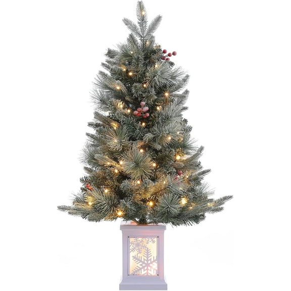 Lumiparty 3ft Pre-Lit Artificial Christmas Tree, Flocked Snow 78 Warm White LED Lights 8 Lighting Modes, Xmas Holiday Decor for Home, Entrances, Snowflake Base
