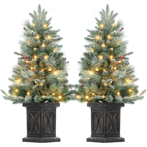 Lumiparty 3ft Pre-Lit Artificial Christmas Tree with Potted Base, Flocked Snow 78 Warm White LED Lights Red Berries, Festival Decoration Xmas Holiday Decor