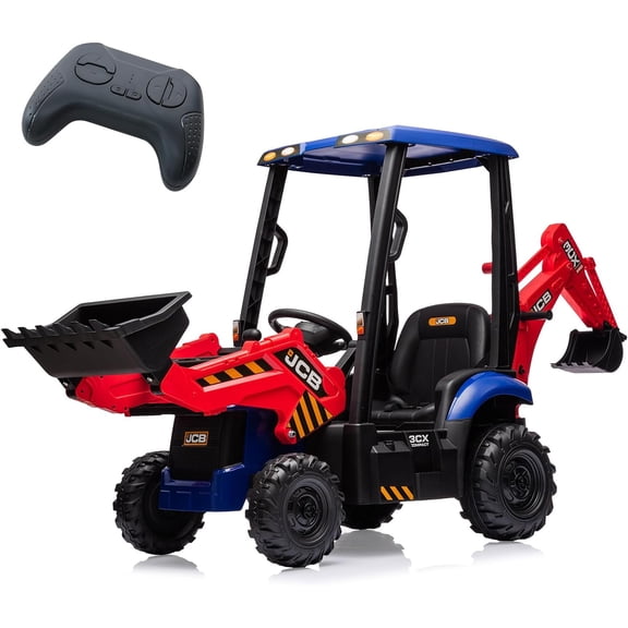 Lumiparty 4 in 1 Ride on Excavator & Bulldozer, 12V Kids Electric Vehicle, Front Loader, Digger, Horn, Adjustable Seat, Excavator Ride on Car Toy, Red & Blue