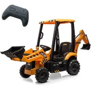 Lumiparty 4 in 1 Ride on Excavator & Bulldozer, 12V Kids Electric Vehicle, Front Loader, Digger, Horn, Adjustable Seat, Excavator Ride on Car Toy, Yellow