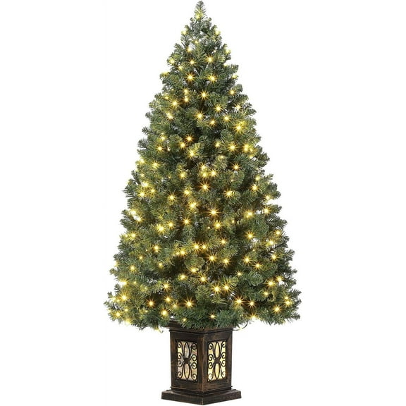 Lumiparty 4.5 Ft Christmas Tree, Pre-Lit Artificial Fiber Optic Potted Xmas Tree with 300 Led Lights, 8 Lighting Modes, for Holiday Decor