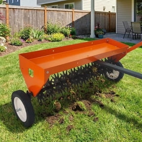 Lumiparty 40 Inch Tow Behind Aerator, Aerator Lawn Tool with Universal Hitch, Adjustable Handle, Transport Wheels, Lawn Aerator Compatible with Tractors for Garden, Farm and Lawn, Orange