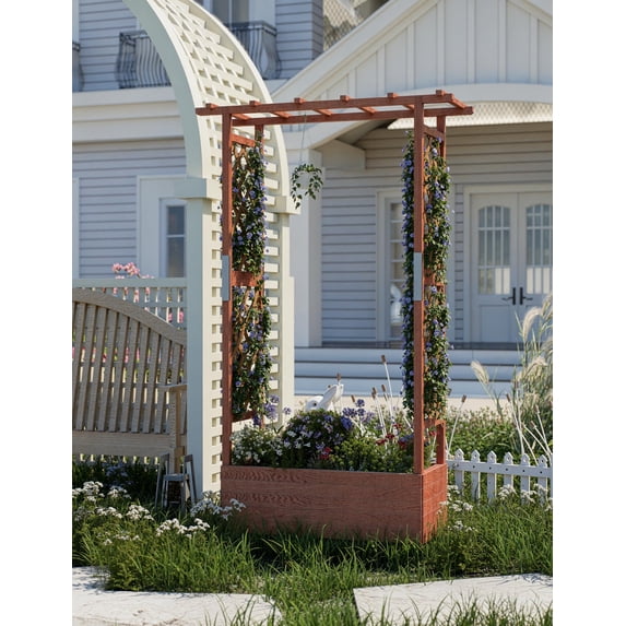 Memoryfield 43x17x72" Raised Garden Bed with Trellis, Wood Planter Box with Side Trellis & Hanging Roof, Elevated Freestanding Garden Bed for Climbing Plants, Vines & Flowers