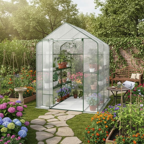 Lumiparty 57" x 57" x 77" Portable Walk-In Greenhouse, PE Cover with 12 Shelves, Mesh Door & Screen Vents, Outdoor Mini Greenhouse for Backyard, Patio, Seed Starting & Winter Growing