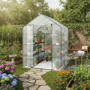 Lumiparty 57" x 57" x 77" Portable Walk-In Greenhouse, PE Cover with 12 Shelves, Mesh Door & Screen Vents, Outdoor Mini Greenhouse for Backyard, Patio, Seed Starting & Winter Growing
